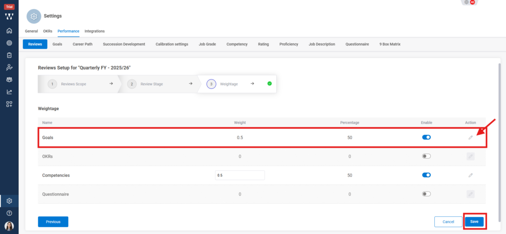 How are goals weighted in performance evaluation? Step 6