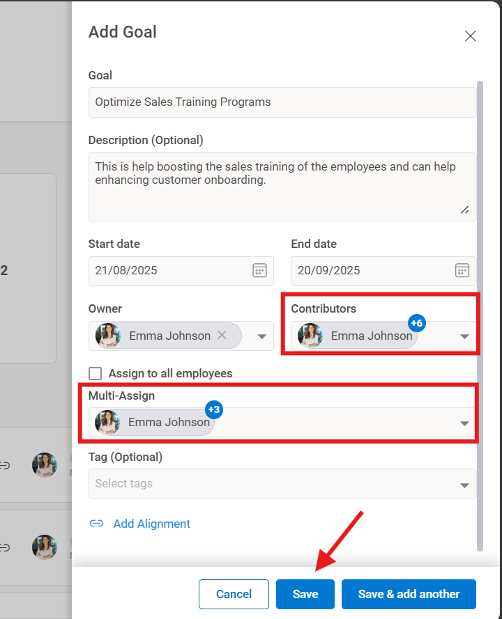 How do I define goals manually for my team members? Step 3
