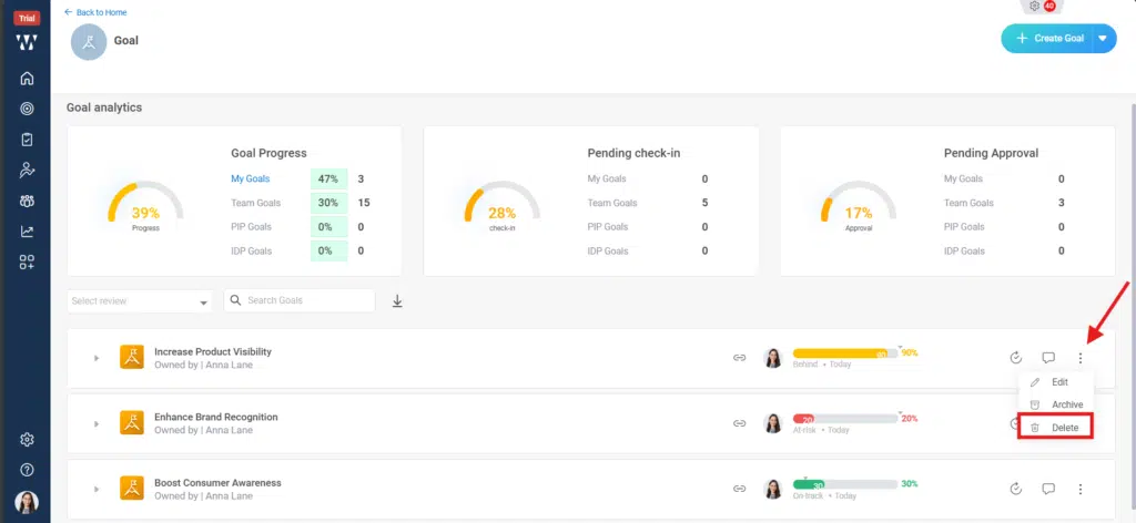 How do I delete an assigned goal? Step 2