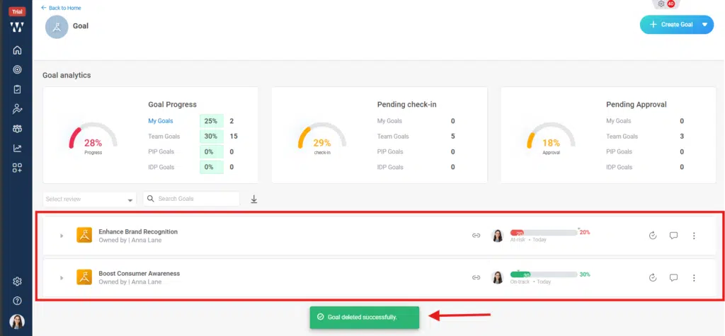 How do I delete an assigned goal? Step 3