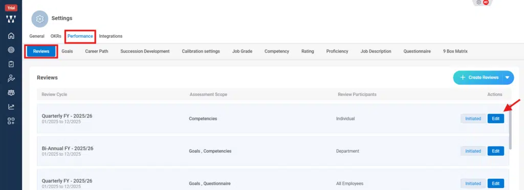How do I edit a PMS review cycle? Step 2