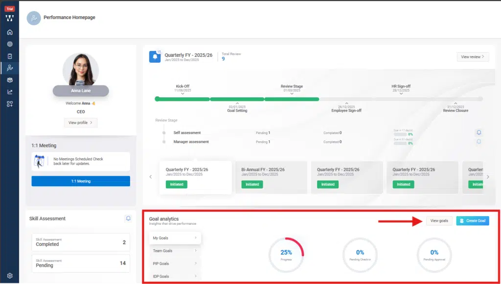How do I review progress and update goal status? Step 2