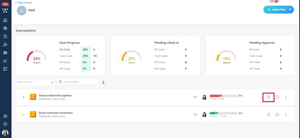 How do I review progress and update goal status? Step 3