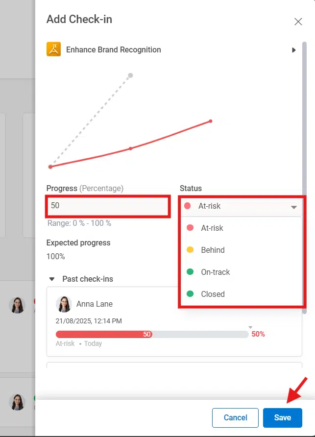 How do I review progress and update goal status? Step 4