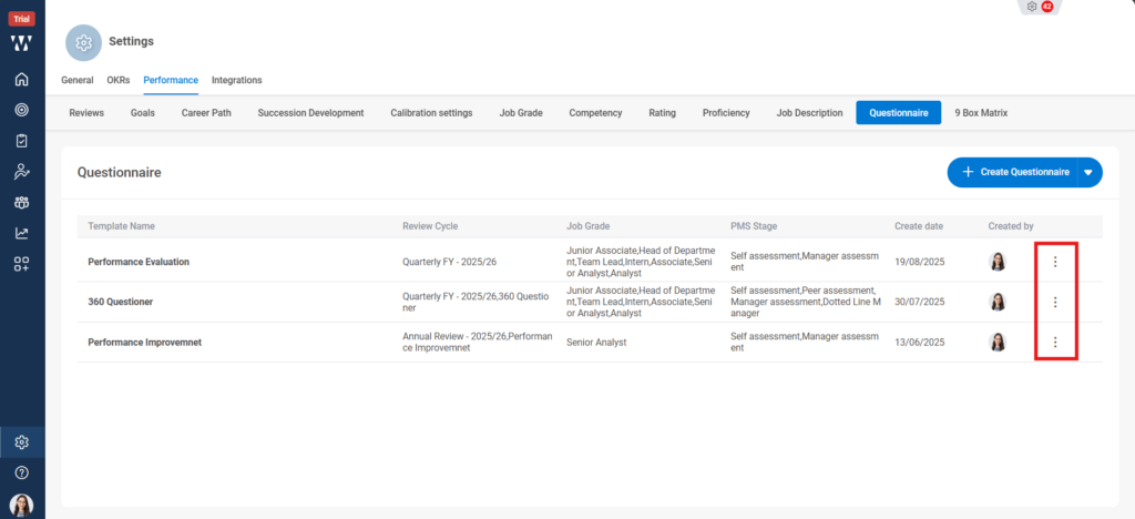 How do you create and edit Q&A sets for performance reviews