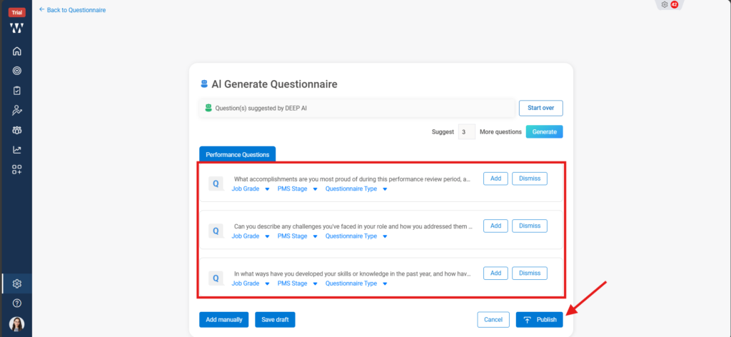 How do you create and edit Q&A sets for performance reviews? Step 6