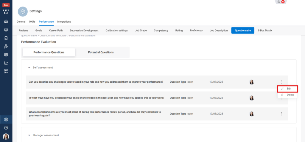 How do you create and edit Q&A sets for performance reviews? Step 8