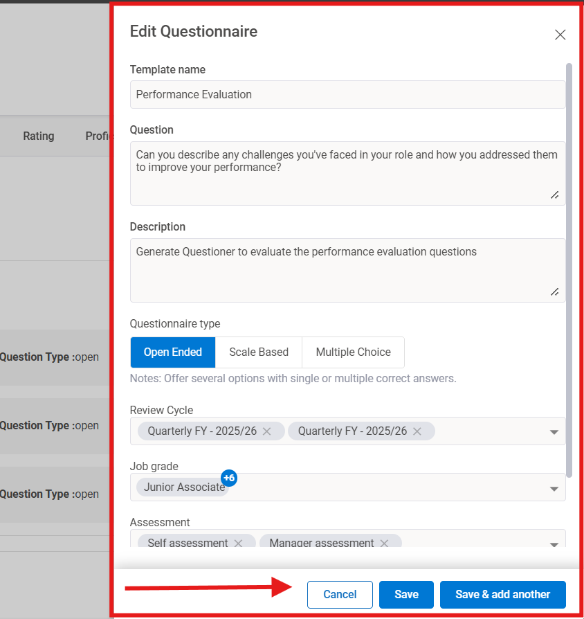 How do you create and edit Q&A sets for performance reviews? Step 9