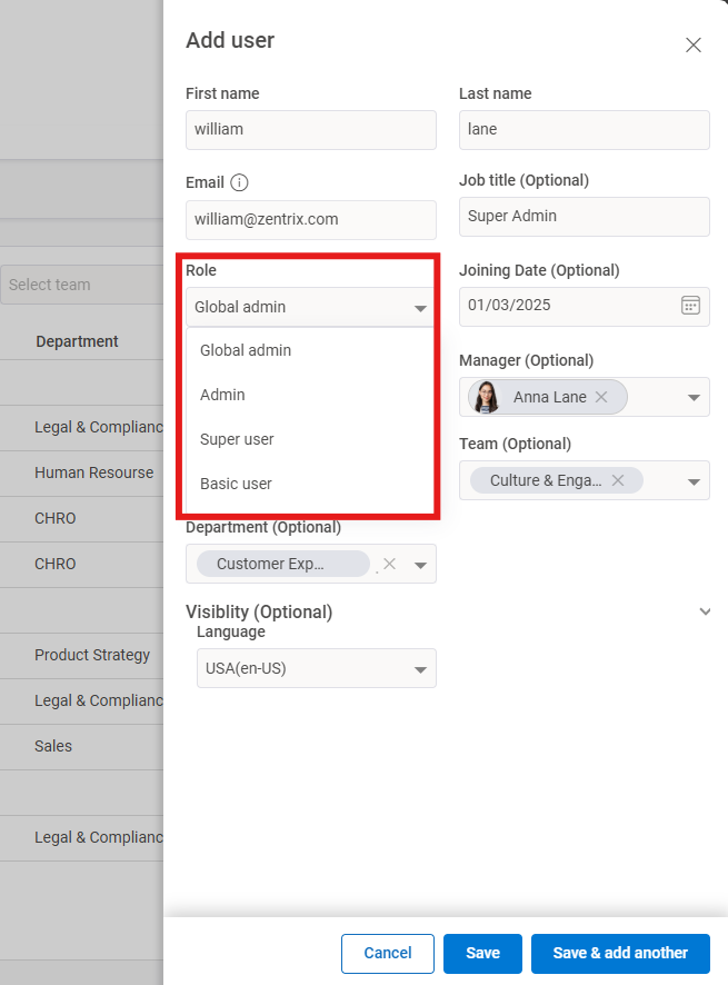 How do you manage access for different admin roles (e.g., super admin, HRBP)? Step 4