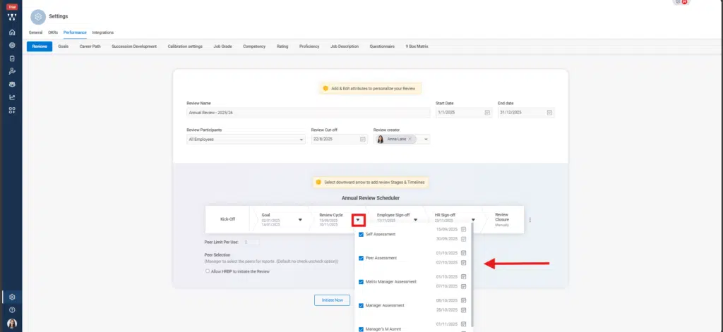 How is a 360-degree review initiated in the system? Step 7