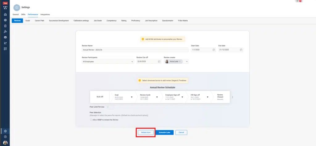 How is a 360-degree review initiated in the system? Step 8