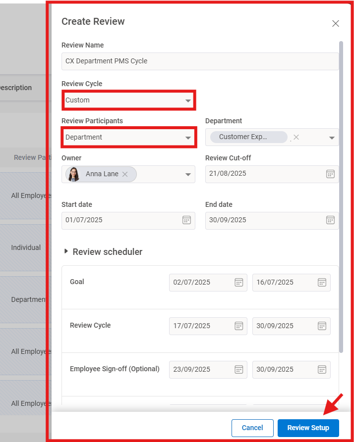 What options exist for customizing the review cycle? Step 3