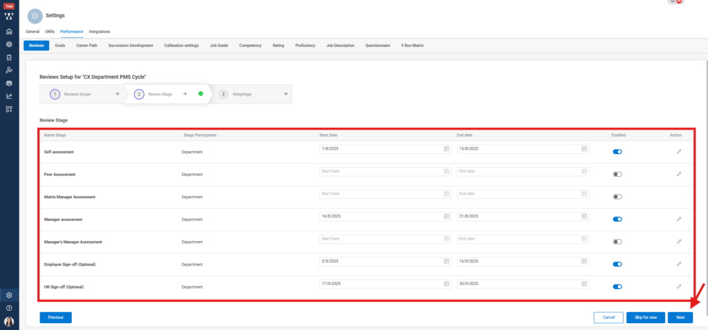 What options exist for customizing the review cycle? Step 5