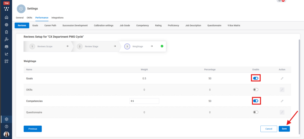 What options exist for customizing the review cycle? Step 6