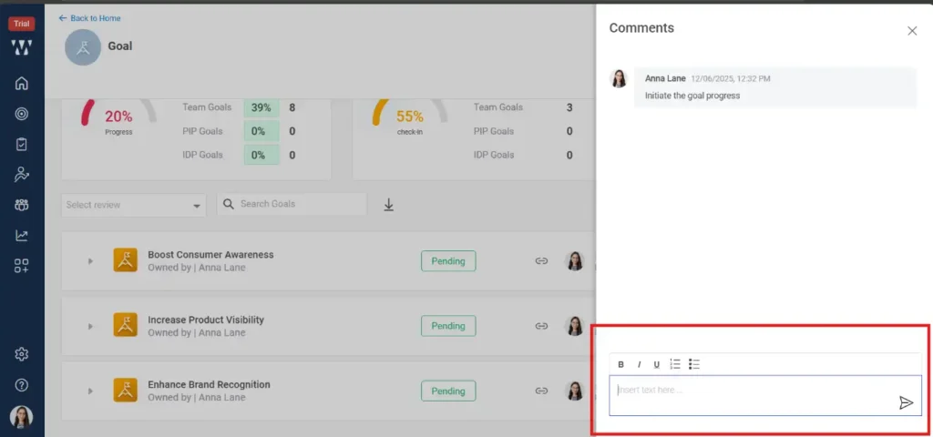 How to comment on a specific goal milestone