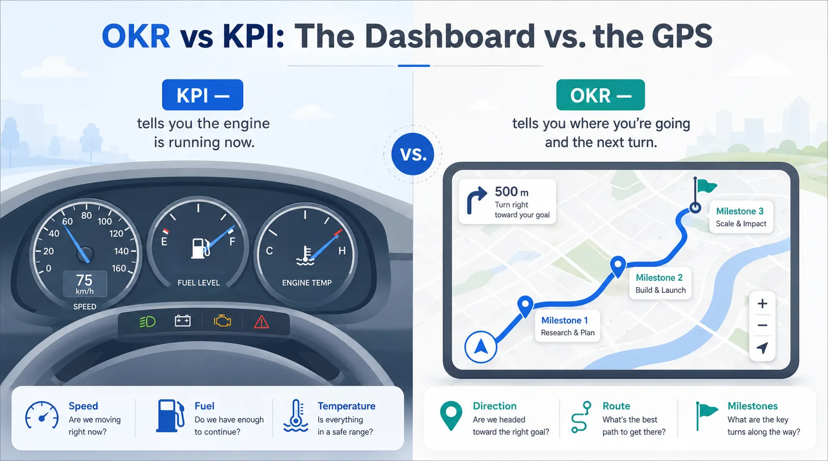 OKR vs KPI comparison — Worxmate dashboard and GPS analogy diagram
