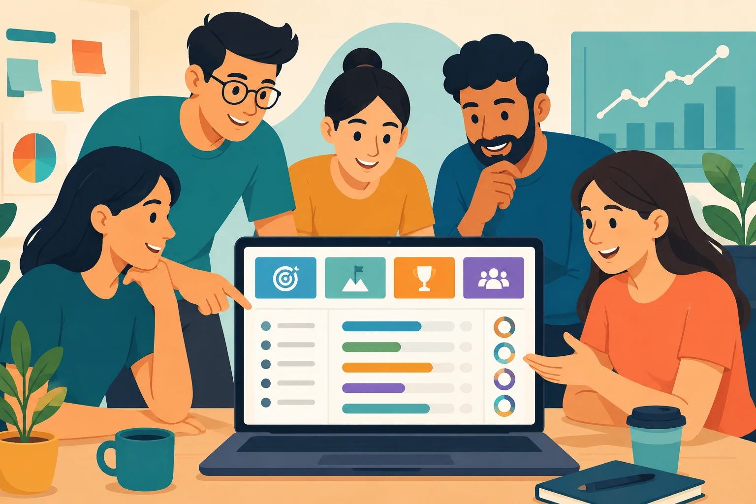 Startup team reviewing a free performance management software dashboard