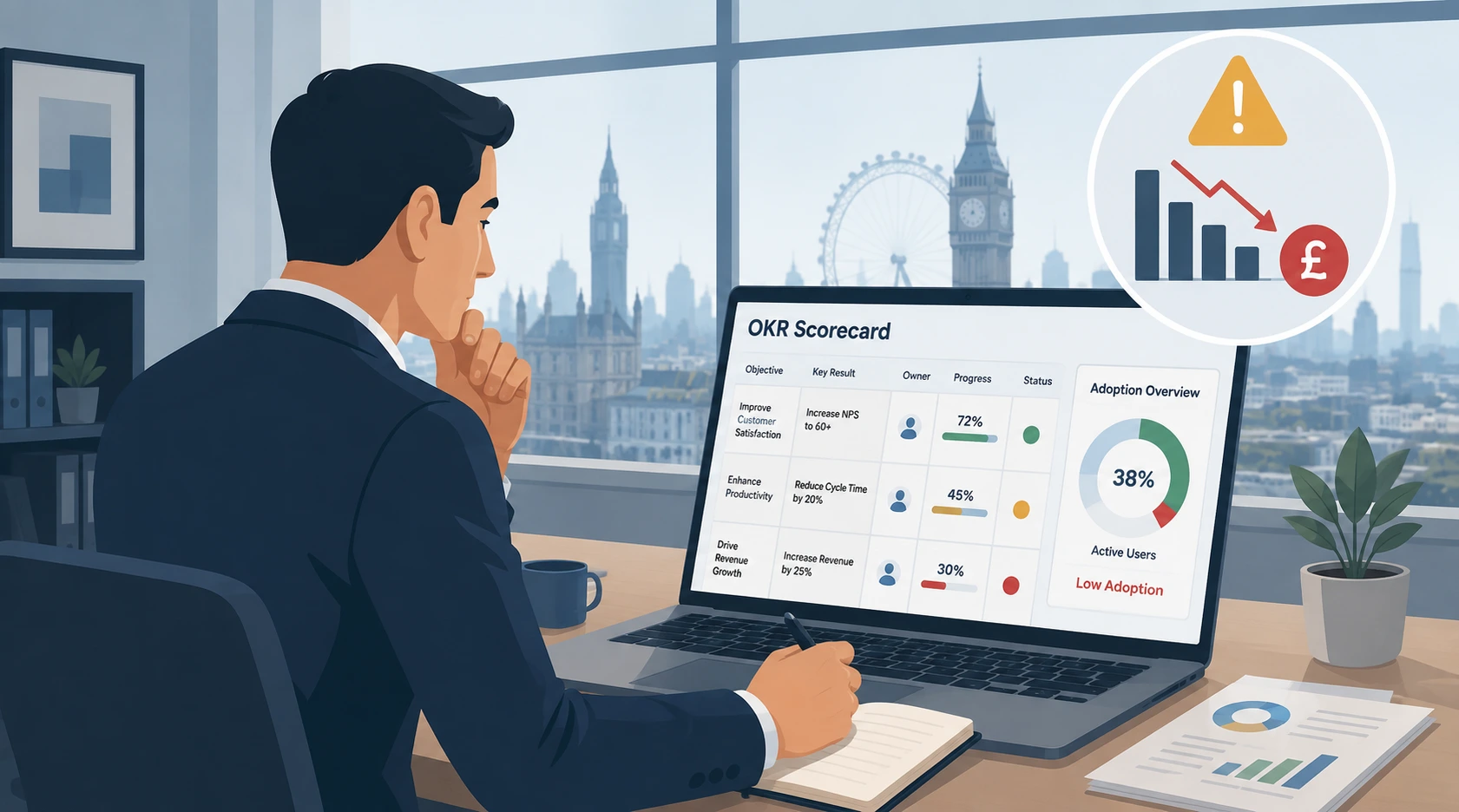 Thoughtful Analyst Reviewing OKR Dashboard