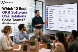 Worxmate presentation showing top 10 best OKR software USA 2026 rankings with adoption trends and business impact metrics