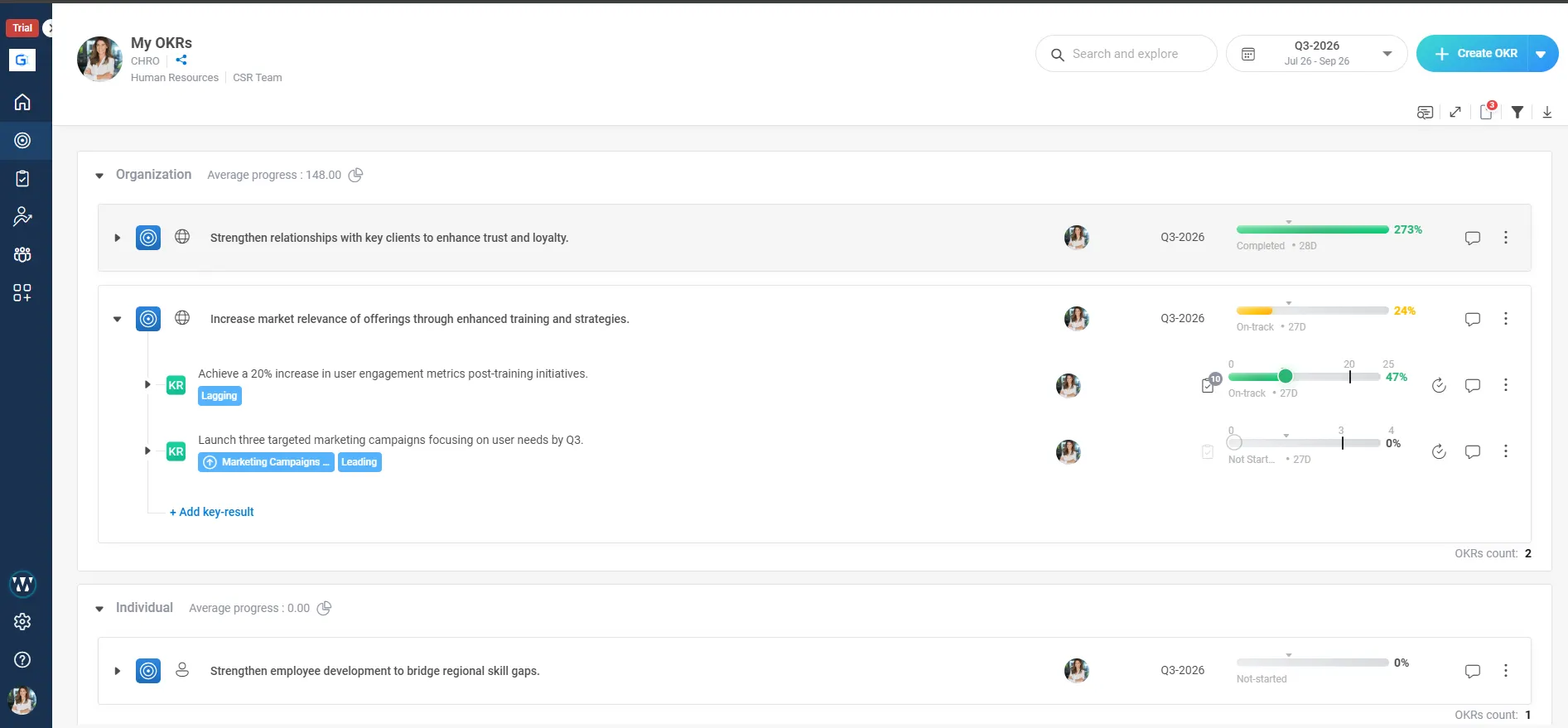 Worxmate real-time OKR dashboard showing live Key Result tracking and at-risk alerts.