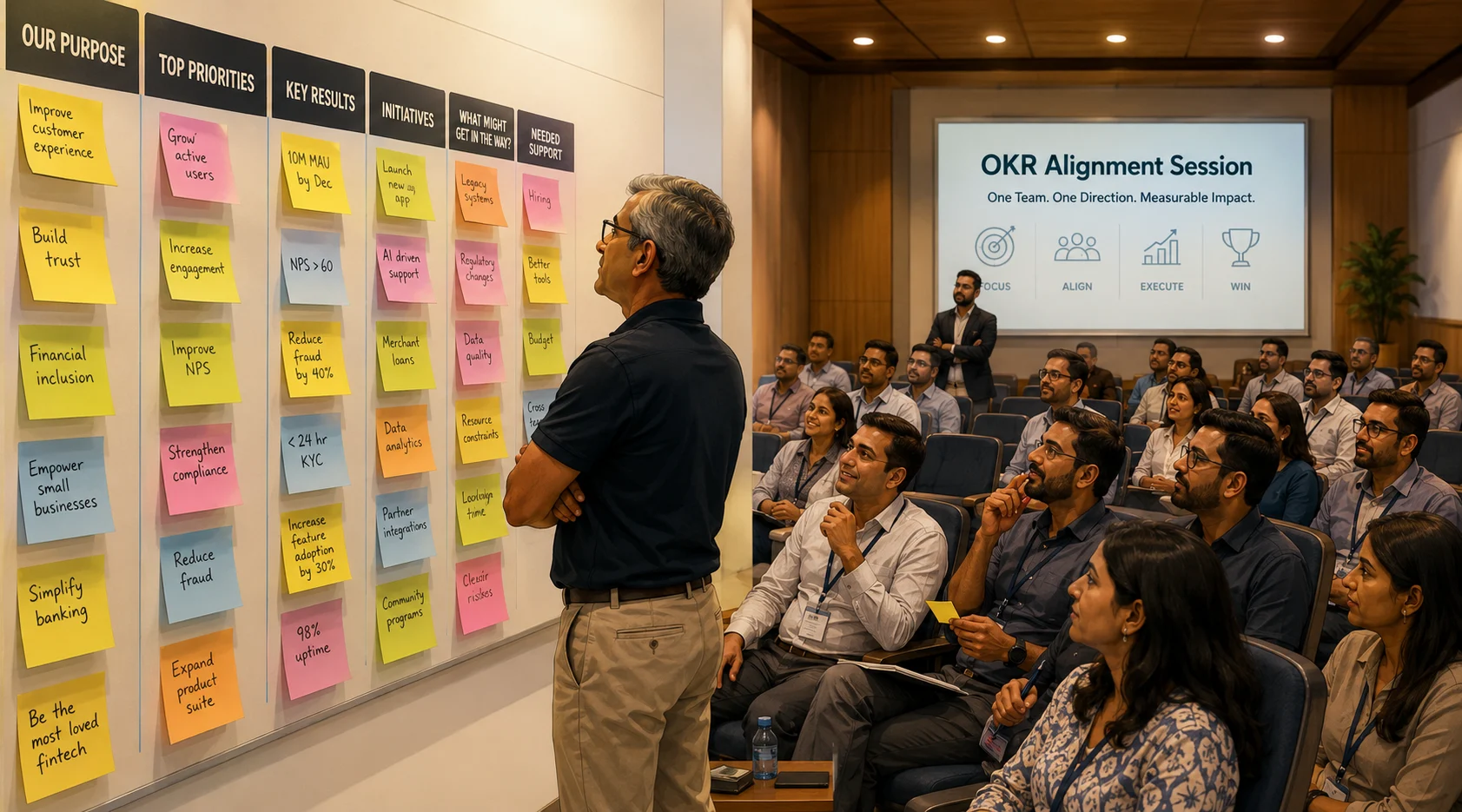 OKR coach in India running a live sticky-note alignment exercise with 35 leaders in an auditorium setting.